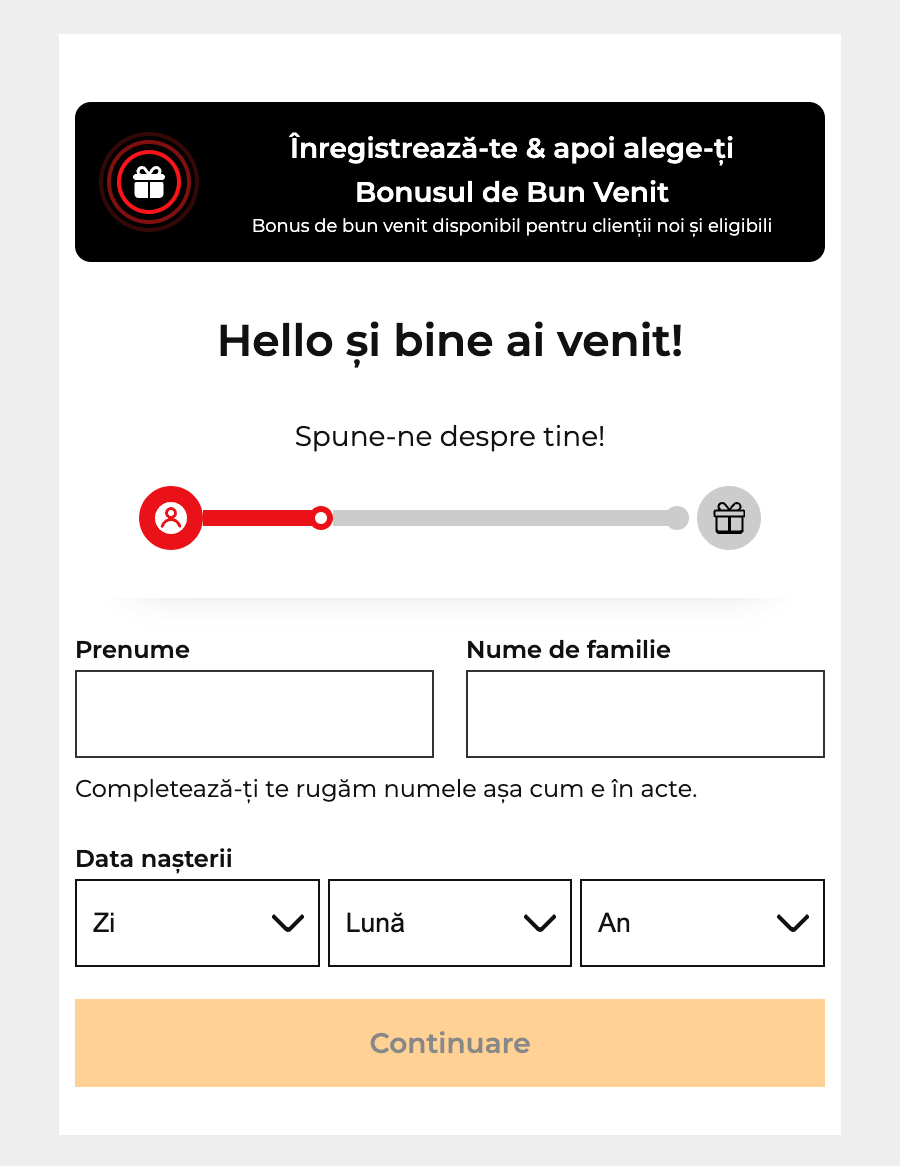 Completează datele personale de bază (nume, dată naștere, email, telefon).